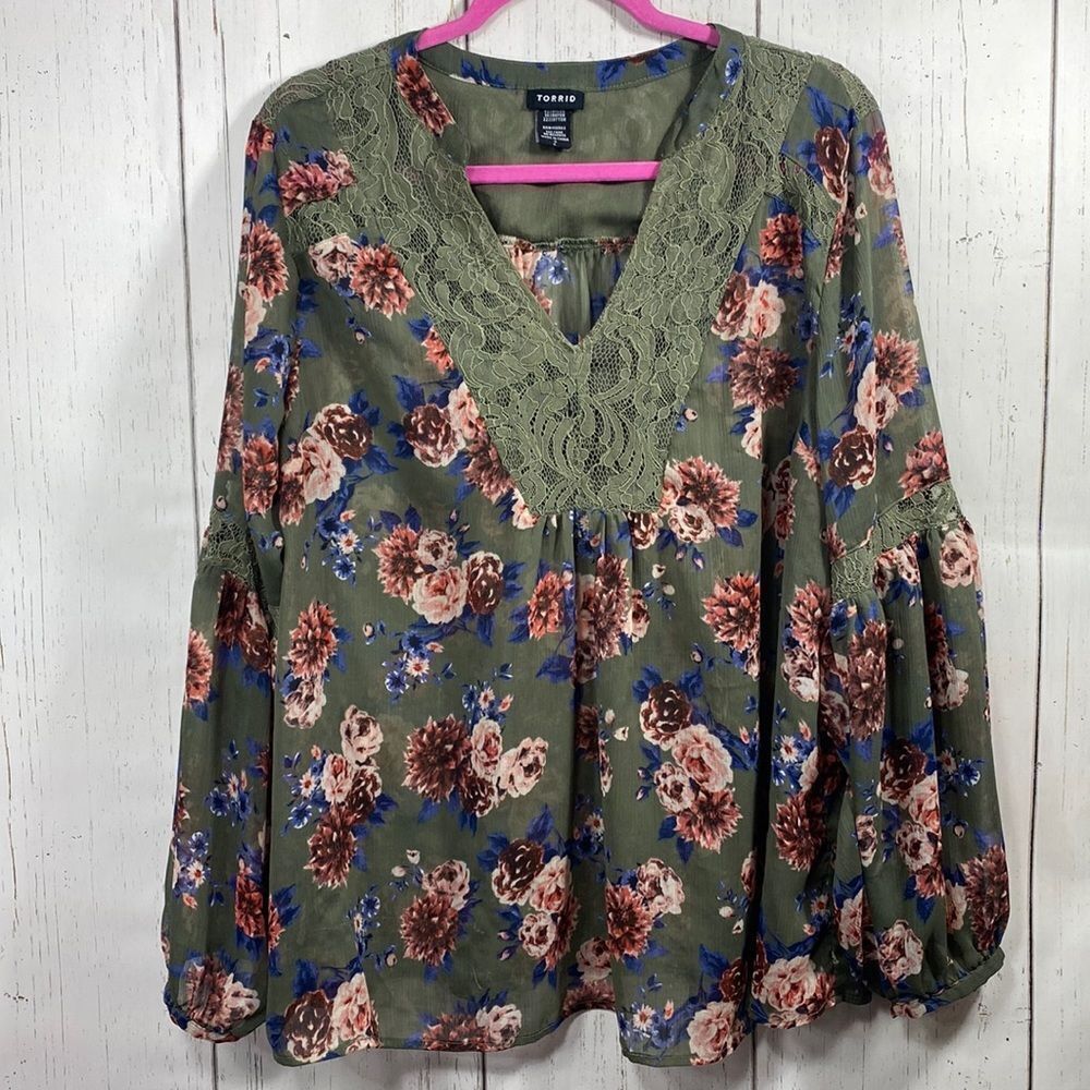 Torrid Olive Floral Lace Boho Blouse Romantic Cottagecore Soft Feminine 2X